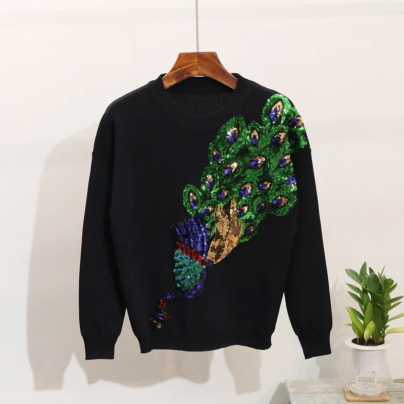 Chándal de terciopelo dorado para mujer, conjunto de dos piezas con lentejuelas de pavo real, cuello redondo, manga larga y pantalones, Moda de