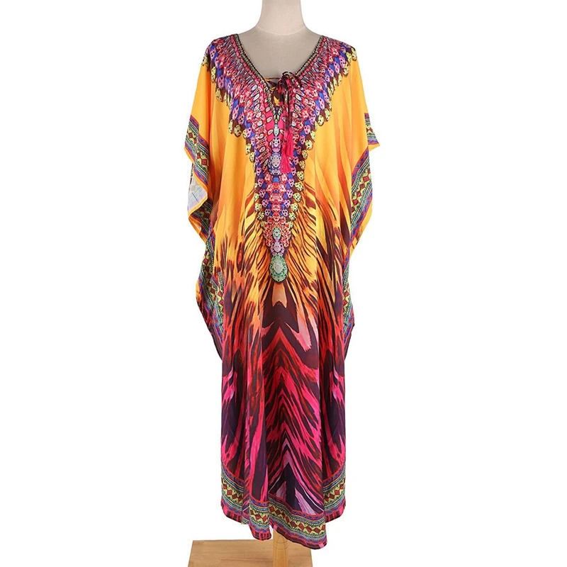 Lace Up V-Neck Kaftan Nighty Resortwear Ethnic Design Bat Cloth Abaya Women's Dashiki Loose Fitting Breezy Long Bohemian Gown