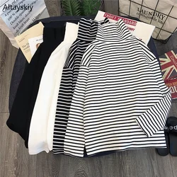 T-shirts Women Long Sleeve Loose Striped Solid Turtleneck Womens T-shirt All-match Simple Leisure Korean Style Trendy Chic Soft