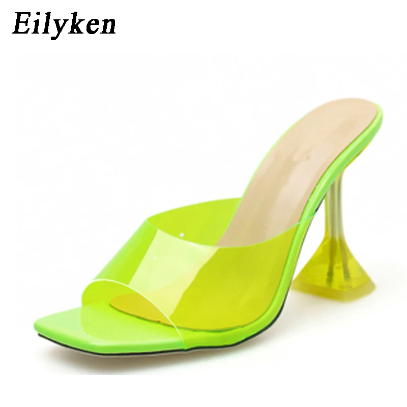 Eilyken Green PVC Jelly Slippers Open Toe Perspex Sike High Heels Crystal Women Transparent Sandals Pumps Shoes