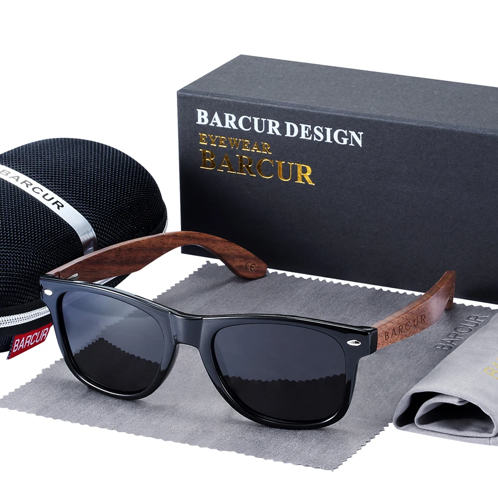 BARCUR Zwarte Walnoot Zonnebril Hout Gepolariseerde Zonnebril Mannen Bril Mannen UV400 Bescherming Eyewear Houten Originele Doos