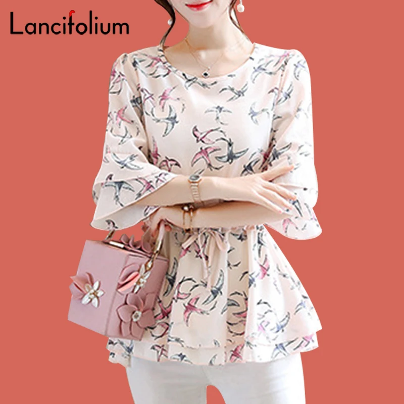 Bunga Chiffon Blus Wanita Musim Panas Korea Ruffle Peplum Top Wanita 2020 Elegan Plus Ukuran Kemeja Kantor Wanita Camisas Feminin