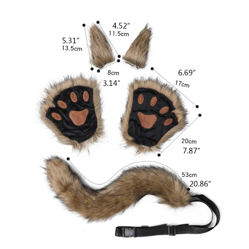 M6CD 5 Pcs Wolf Tail Glove Cat Ear Clips Fancy Party Costume Accessories Kid Adult Cosplay Kitten Tail Foxes Ears Headpiece