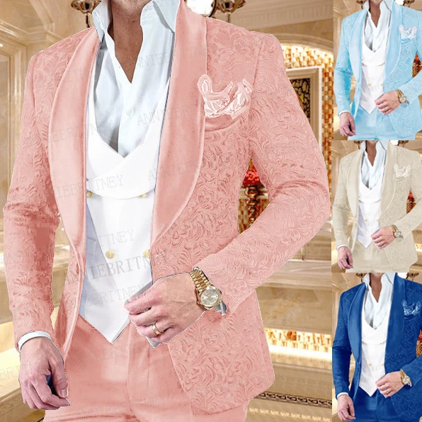 

New Luxury Men Wedding Suits Pink 3 Pieces Custom Groom Suit Dress Tuxedo Slim fit Jacquard Blazer Double Breasted Vest Pant Set