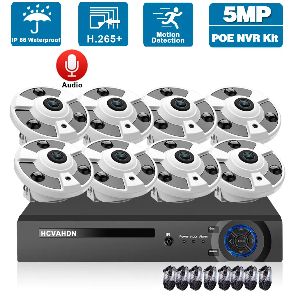 5MP CCTV POE Dome Camera System Set 10 Channel NVR Kit Outdoor Waterproof IP Fisheye Security Surveillance Camera System Kit 8CH