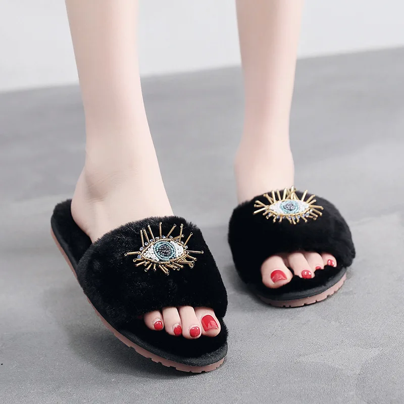 String Bead cute eye cotton slides fashion rabbit plush slippers women black flip flops indoor soft sole outside pantuflas danno