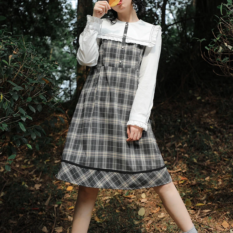 Retro plaid stitching dress fake two-piece waist square collar fungus edge autumn princess victorian dress kawaii girl gothic