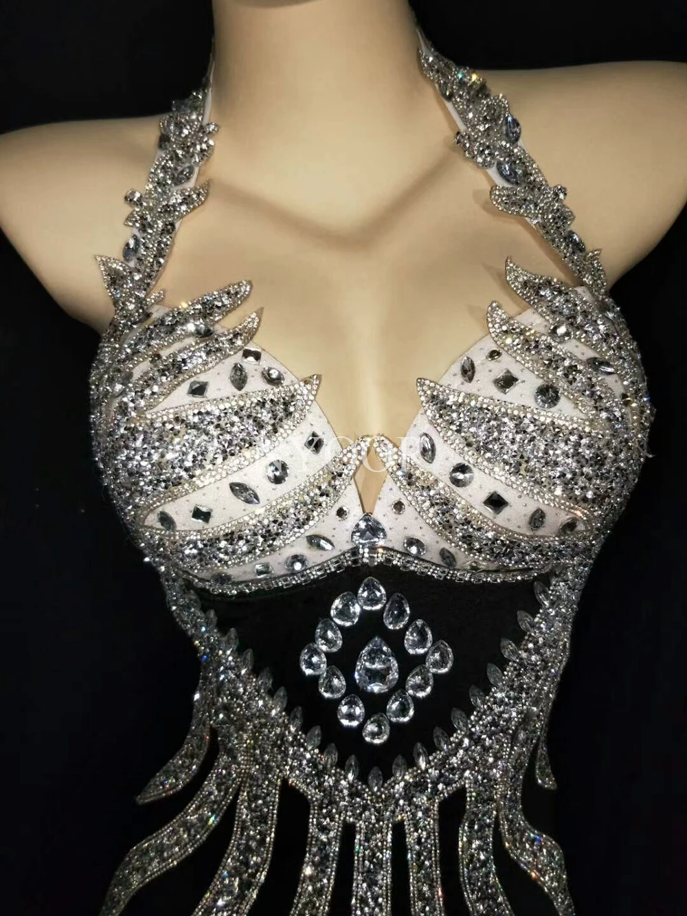 Sparkly Silver Crystals Bodysuit Sexy Skinny Leotard Tassel Gloves Female Bar Dance Stage Party Dance Costume Celebrate Dress