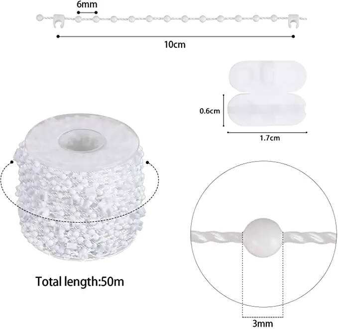 50 Meters Vertical Blind Chain, Window Blind Chain Beaded Blinds Blind Bottom Chain for 89mm Slats, 20 Ball Chain Connectors