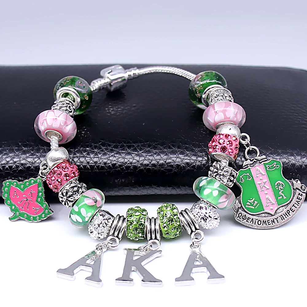 Personality university greek sorority society INC pink green enamel metal badge logo pendant bracelet bangle