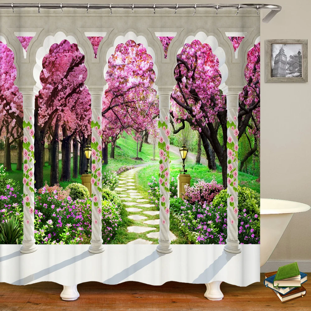 Beautiful Seaside Flower country Landscape print bathroom shower curtain polyester home decoration waterproof curtain with hook