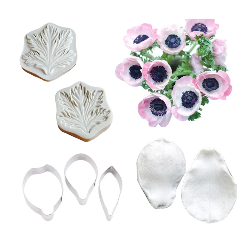 Anemone Flower Leaf Veiners Silicone Mold Water Paper Cake Decorating Tools Gumpaste Fondant Clay Flowers Wedding Mold CS375