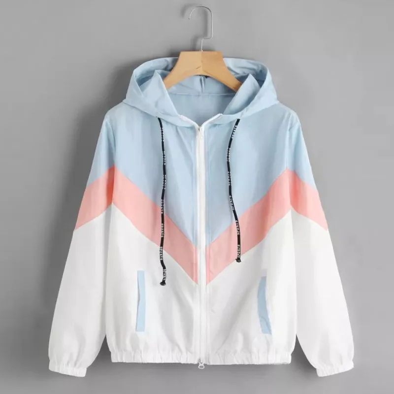 Women Windbreaker Jacket Female Multicolor Patchwork Hooded Jacket Basic Jackets Color Block Coats For Women