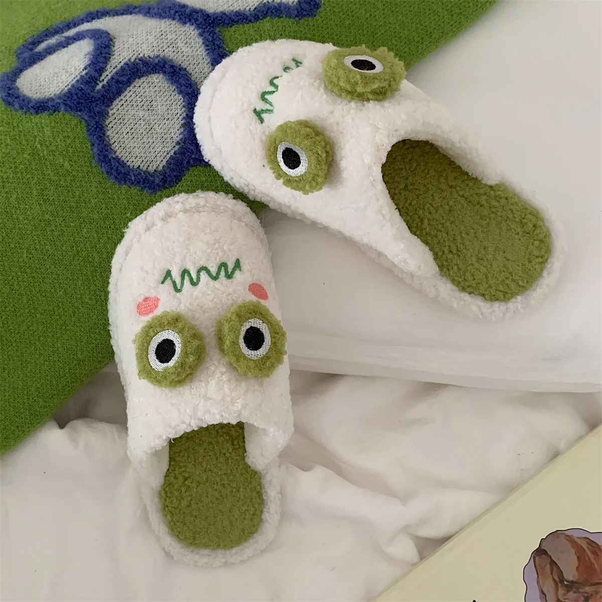 Thick Cotton Home Slippers Female Winter Ins Lovely Frog Animal Slipper Student Funny Cute Cartoon Plush Anti-skid Indoor Shoes