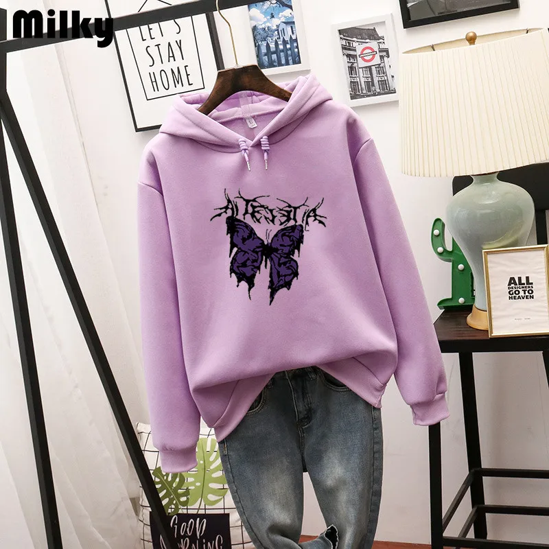 

Women's Rock Punk Hoodies Butterfly Print Sweatshirts Stitch Oversize Harajuku Hooded Loose Lovers Wear Autumn Winter Kawaii