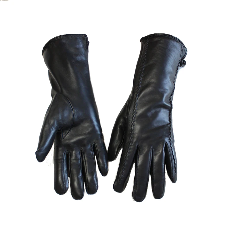 Leather Sheepskin Gloves Women\'s Mid-Length Stripes Plus Velvet Warm Autumn and Winter Windproof Free Shipping