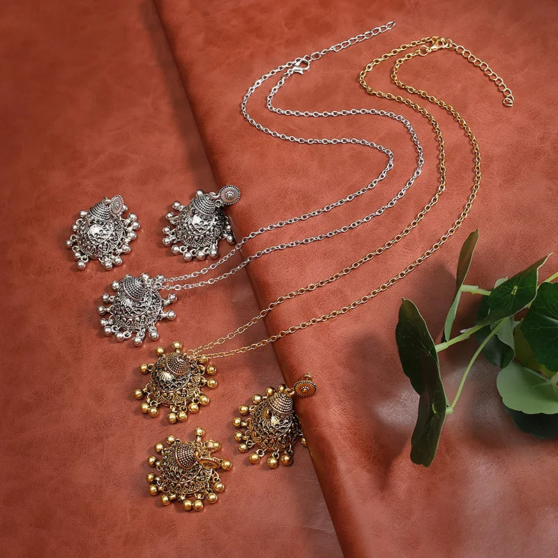 Vintage Indian Wedding Jewelry Set For Women Gold Color Carved Bells Necklace&Earring Statement Dangle Earrings Gifts