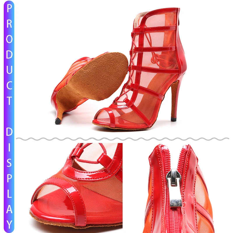 Zapatos de baile latino con suela de goma para mujer, botas de Pu con tacón alto y estilo elegante, color rojo, para exteriores, Salsa, Jazz,