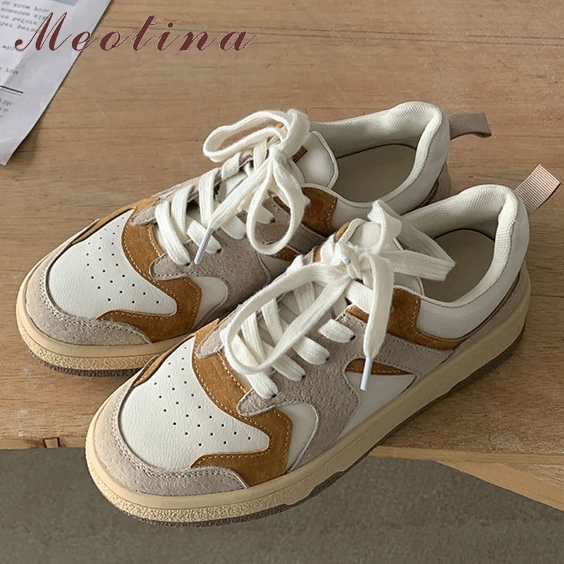 Meotina 2022 Flats Sneakers Women Shoes Natural Genuine Leather Flat Platform Shoes Lace Up Causal Footear Ladies Big Size 40