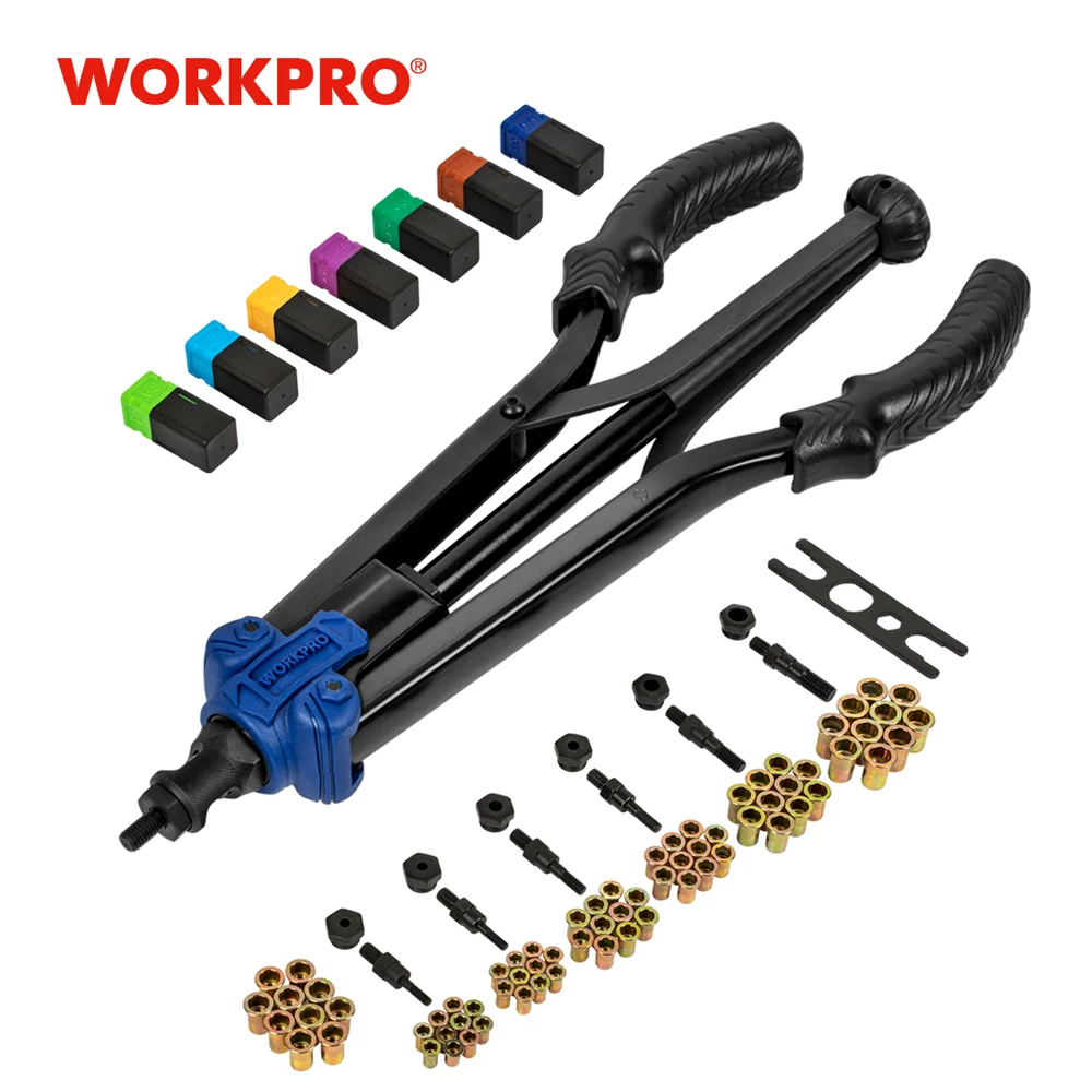 WORKPRO-Kit de herramientas para Tuercas de remache de mano, herramienta de alto apalancamiento con mandriles y tuercas métricas y SAE, 15 ", 79 piezas