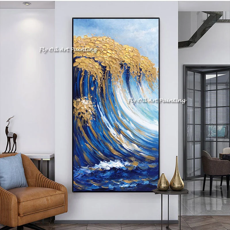 

100% Hand Painted Big Size Modern Abstract Ocean Wave Blue Gold Foil Abstract Oil Painting on Canvas for Living Room Wall Decor