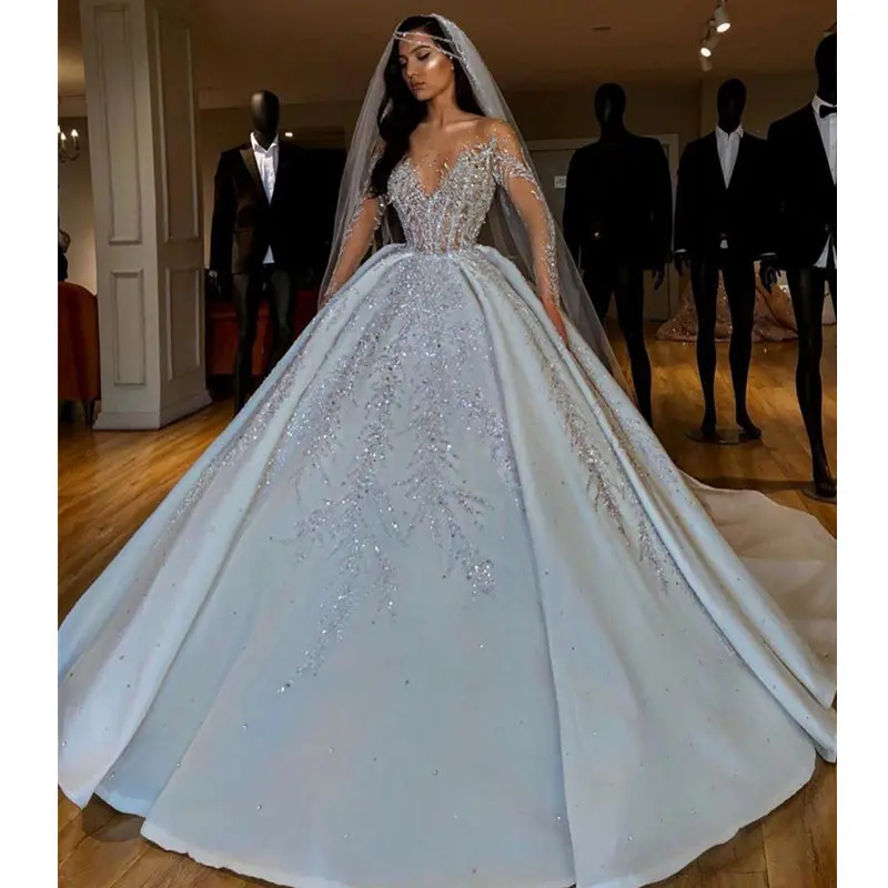 Sexy Illusion Ball Gown Wedding Dress Luxury Beading Long Sleeves Dubai Wedding Gowns White Court Train robe de mariee