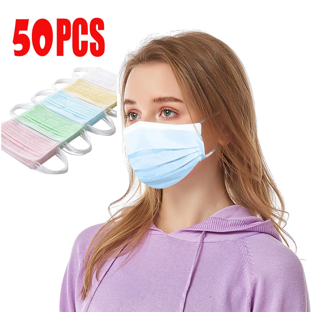 50PCS Disposable face masks Man and Woman Colorful simple Masks For Adult 3-Layer Solid color windproof mouth Mask mascarilla