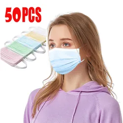 Masques faciaux jetables pour hommes et femmes, simples et colorés, pour adultes, 3 couches, couleur unie, coupe-vent, 50 pièces