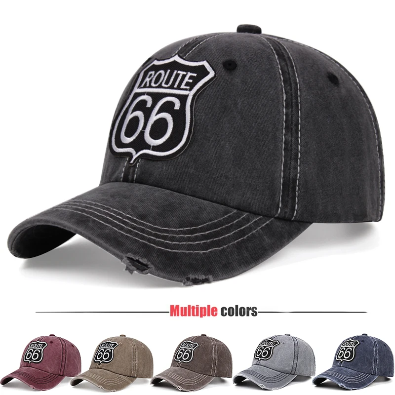 Trends Route 66 Embroidery Retro Washed Ladies Hat Unisex Sun Hat Baseball Cap For Men Adjustable Denim Dad Hat