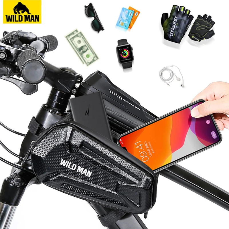 WILD MAN Rainproof Bicycle Frame Bag Front Hard Shell Bike Top Tube Bag Touch Screen Cycling Phone Bag 6.7 Inch Bike Accessories