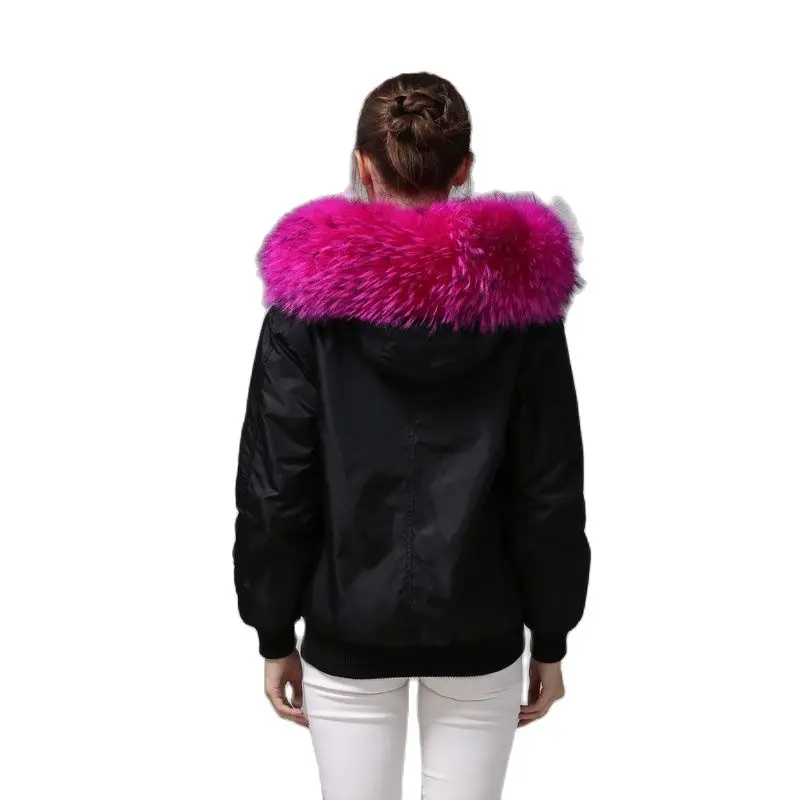 Black Bomber Fur Parka Rose Pink Raccoon Fur,Thickness Fake Fur Lining Waterproof Fabric Wear