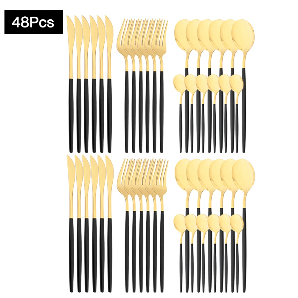 

48Pcs Black Gold Dinnerware Set Stainless Steel Tableware Set Vintage Dinner Knife Fork Coffee Spoon Party Flatware Cutlery Set