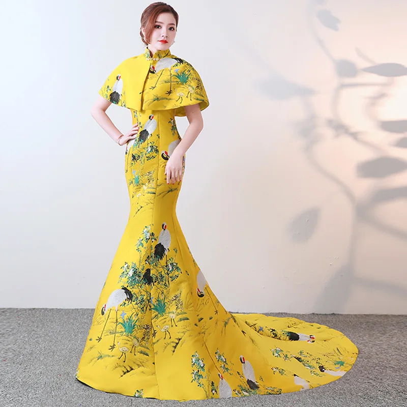 Chinese Embroidery Cheongsam Yellow Trailing Luxury Oriental Evening Dress Sexy Mermaid Strapless Backless Wedding Party Dresses