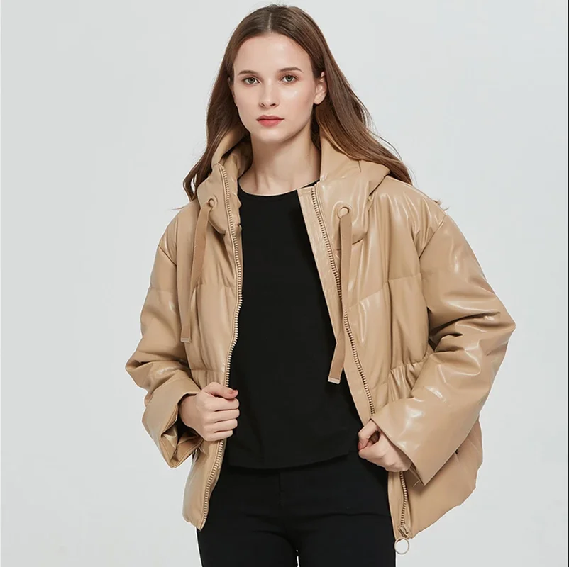 Women Fashion Thick Warm Faux Leather Padded Jacket Coat Vintage Long Sleeve Oversized Parka Female Outerwear Chic Tops