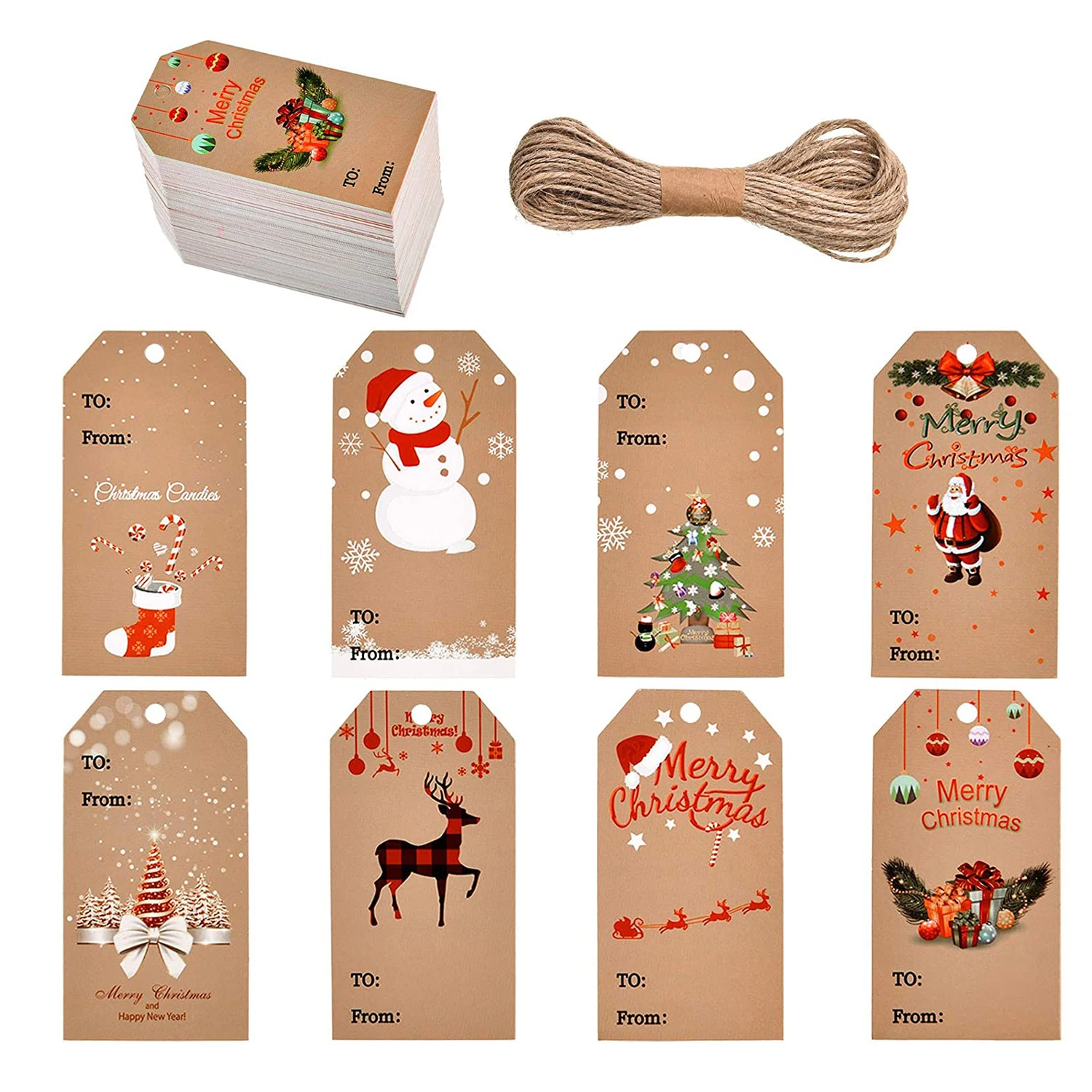 100pcs DIY Kraft Tags with Rope Merry Christmas Labels Gift Wrapping Paper Hang Tags Santa Claus Paper Cards Xmas Party Supplies