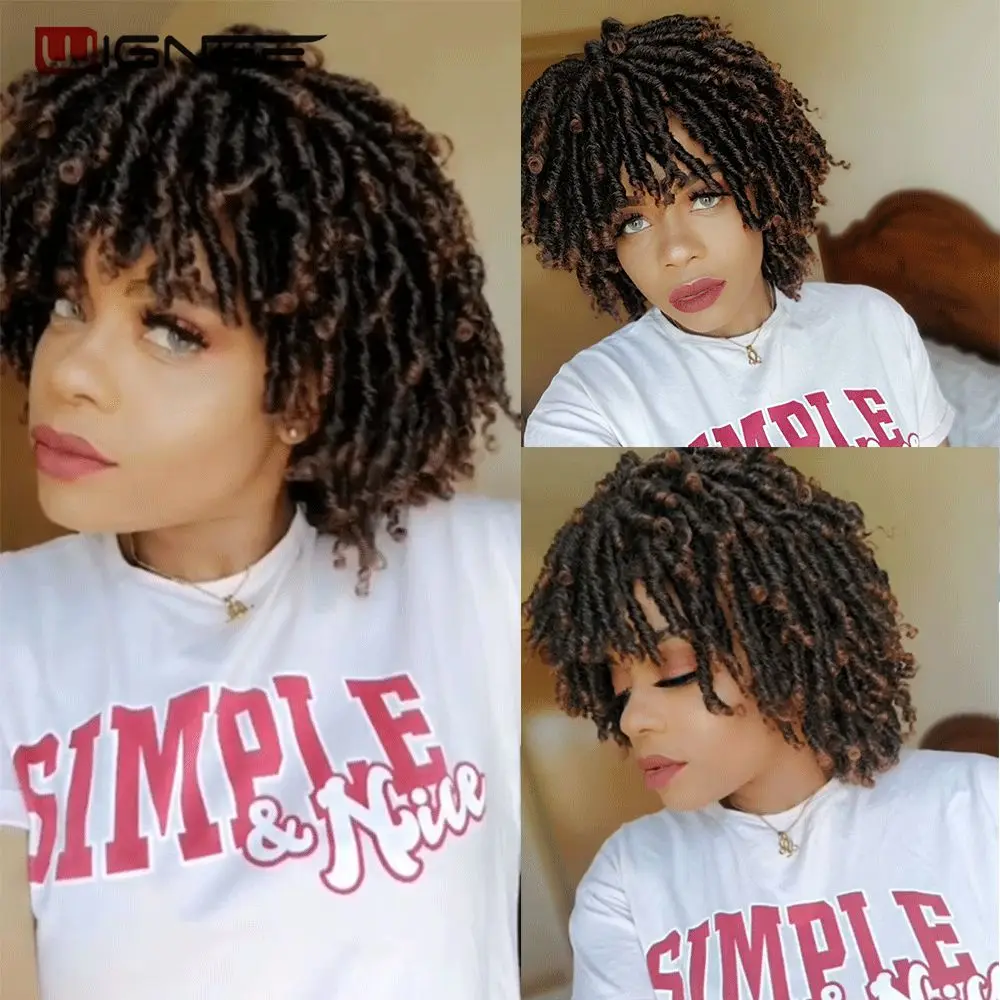 Wignee Short Soft Brown Synthetic Wigs For Women Faux locs Afro Kinky Curly Braiding Hair With Bangs Crochet Twist Hair Wigs