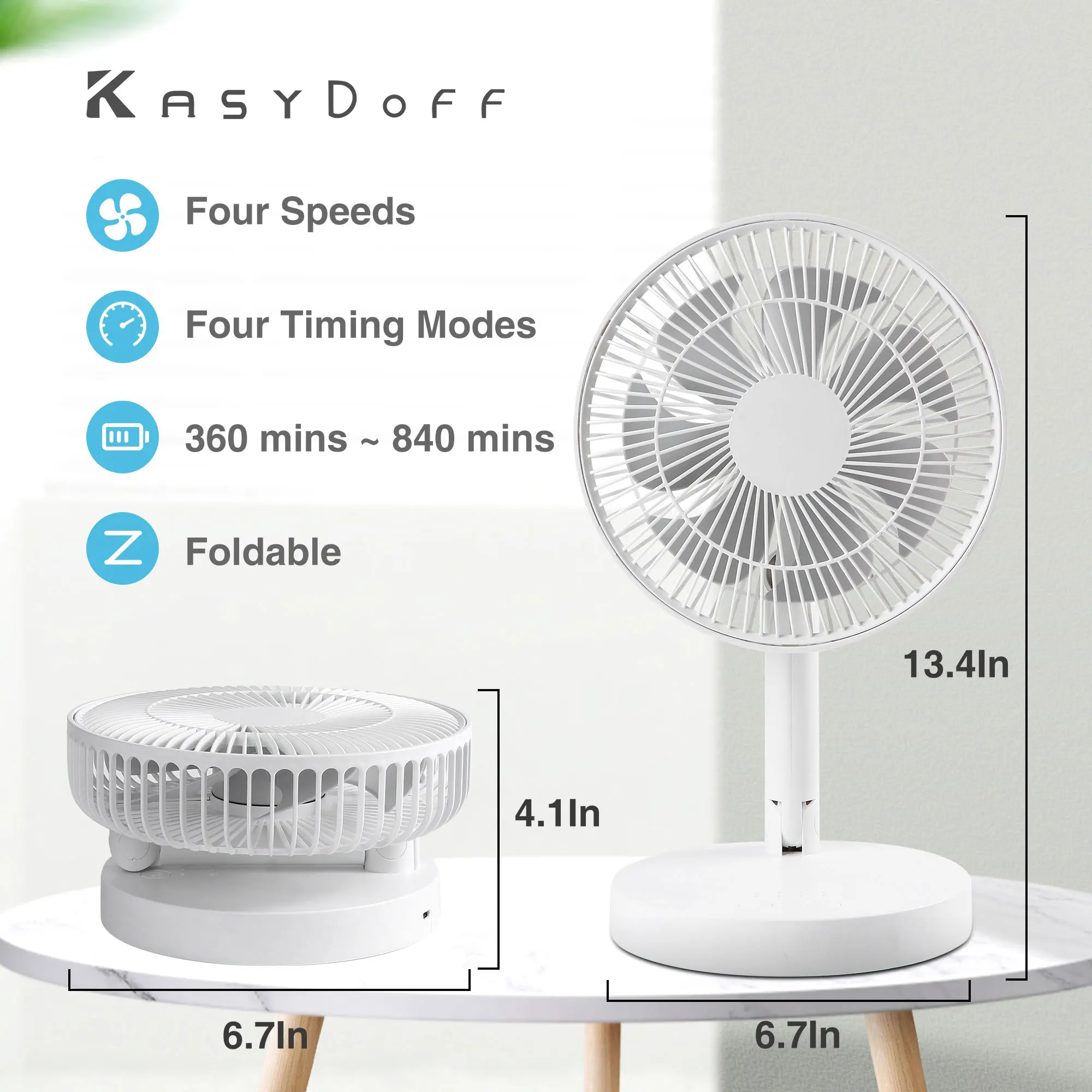 

KASYDoFF Rechargeable USB Table Fan ,7200mAh Portable Mini stand Fan Cooling Small Foldable fan for Desk Home Office and bedroom