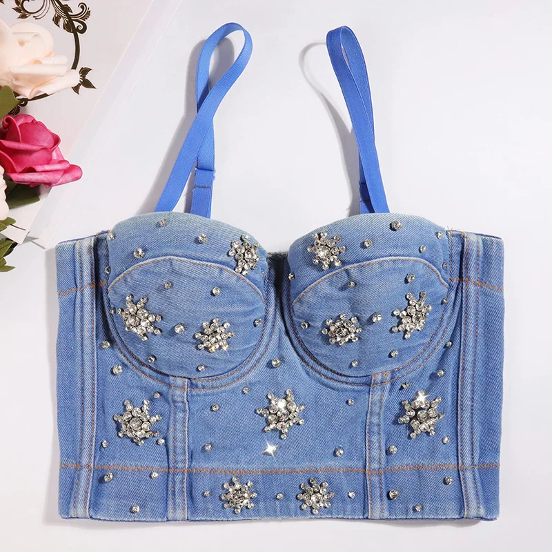 

2023 New Denim Camisole Female Diamond Beading Luxury Bustier Bras Underwear Korean Style Fish Bone Shaping Cropped Tops Y1041