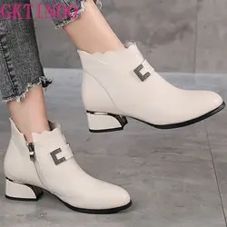 GKTINOO Women Real Leather Ankle Boots Thick Heels Zipper Shoes Woman Winter Warm Shoes Fashion Cool footwear Plus Size 35-43