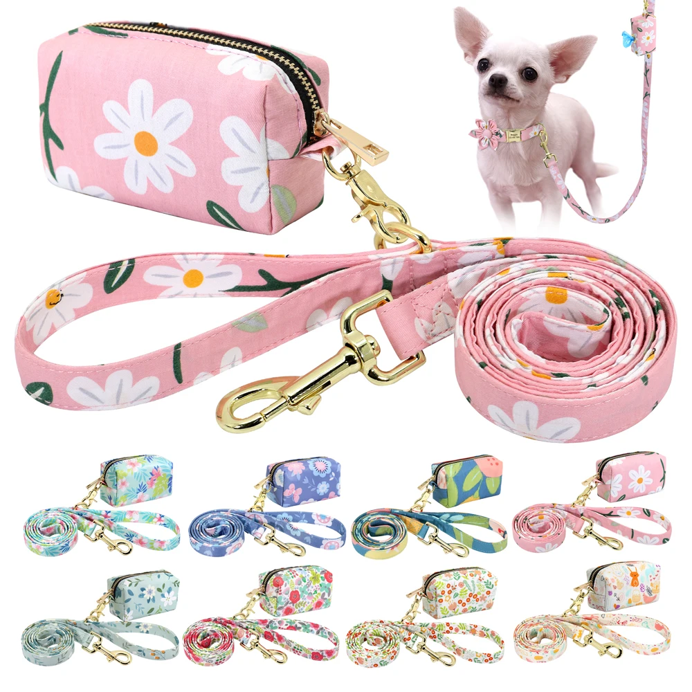 Flower Printed Dog Leash With Bag Small Medium Large Dog Pet Leashes Floral Print Nylon Dog Lead with Treat Bag Snack Bag