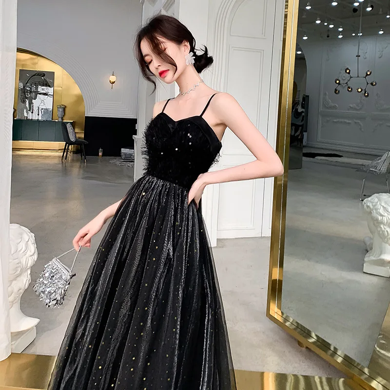 Banquet evening dress long black sling party dress 2020 New fashion sexy spaghetti strap shinning sequins formal dress Pageant