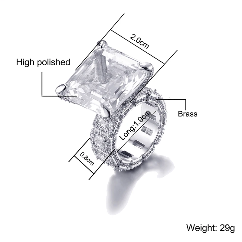 Hip Hop Popular CZ Stones Baguette Big Square Rings Tready Bling Iced Out Copper Zircon Ring For Men Jewelry