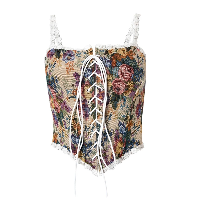 F3MD Women Vintage Flower Print Bustier Tank Tops Sexy Elegant Slim Corset Crop Top with Straps for Party Club Ordinary