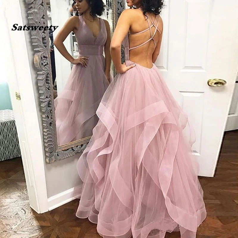 Sexy Pink Long Ruffled Floor Length Tulle V Neck Prom Dress Evening Gown Cross Back Tiered Backless Pleat Party Dress