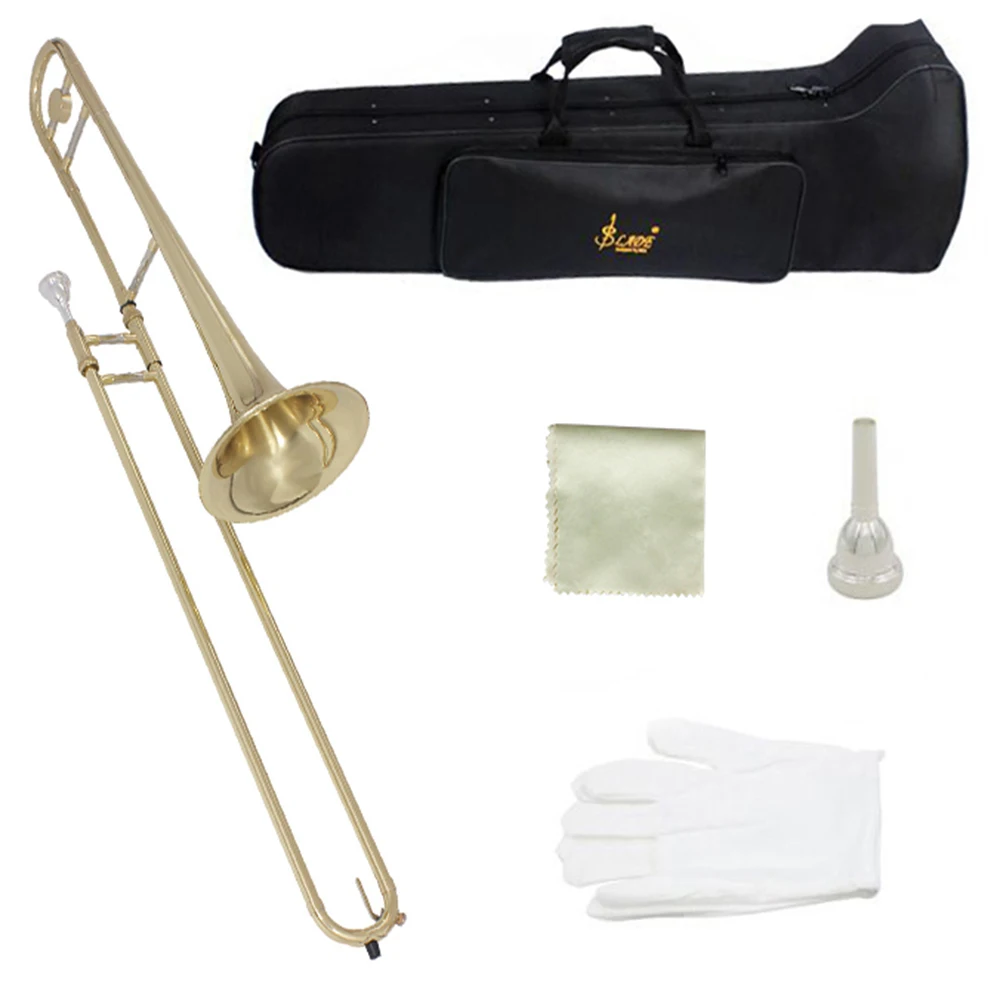 M MBAT Golden Alto Trombone Brass Gold Lacquer Bb Tone B Flat Wind Instrument With Carry Case Mouthpiece Cleaning Cloth Gloves