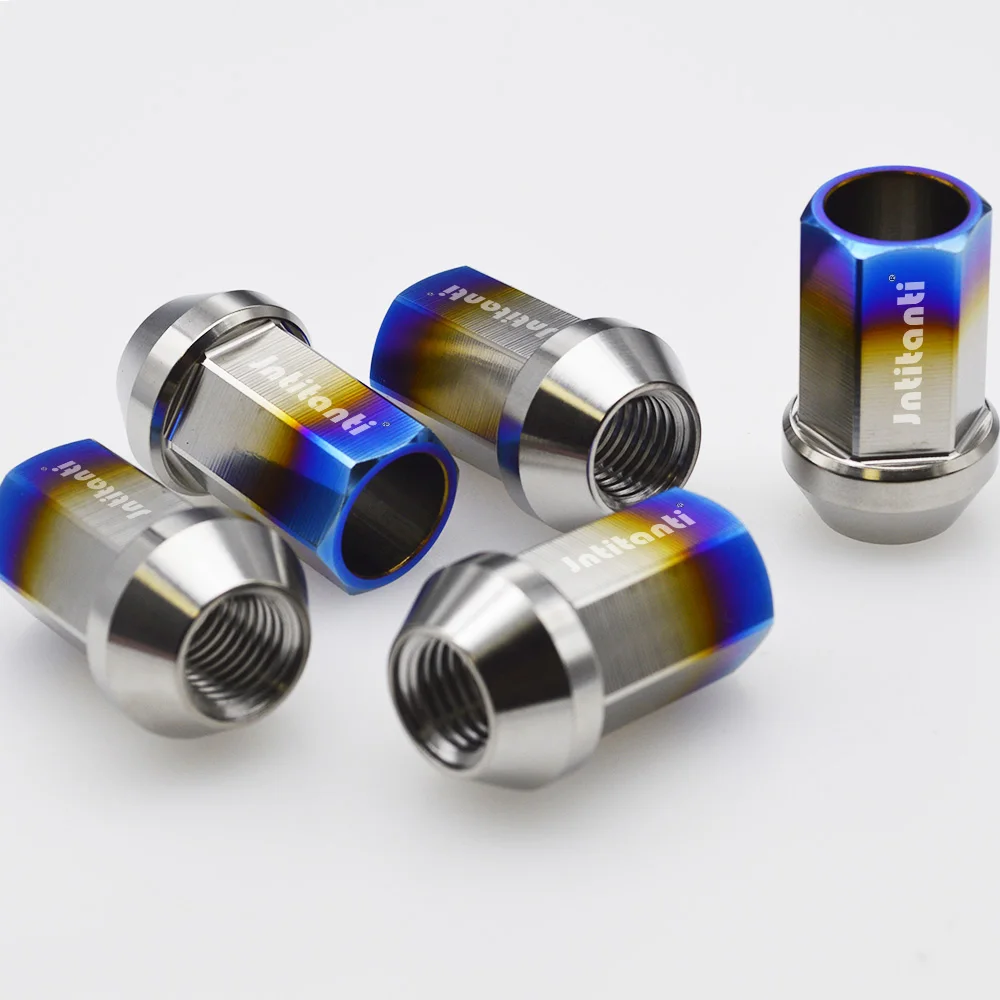 Jntitanti Gr5 titanium wheel rim lug hub nut M12x1.5x35 cone seat open-end burnt blue