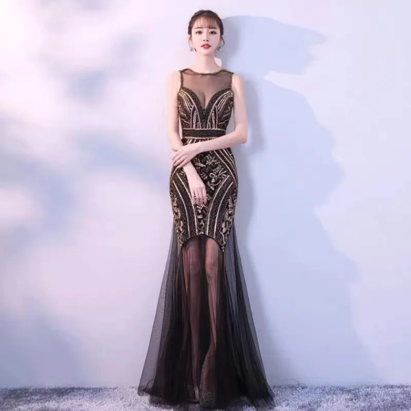 High Quality 1920s Vintage Great Gatsby New See Through Tulle Sequin Dress Sexy Evening Dress Women Sleeveless Party Dress