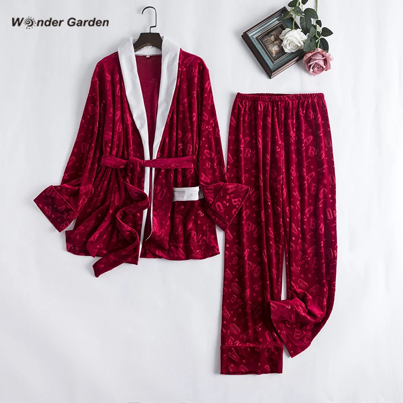 

Wonder Garden Fshion Velvet Pajamas Set Woman Nightwear Warm Sleepwear Letter Printing Casual Two-piece Suit Fall Winter Belt