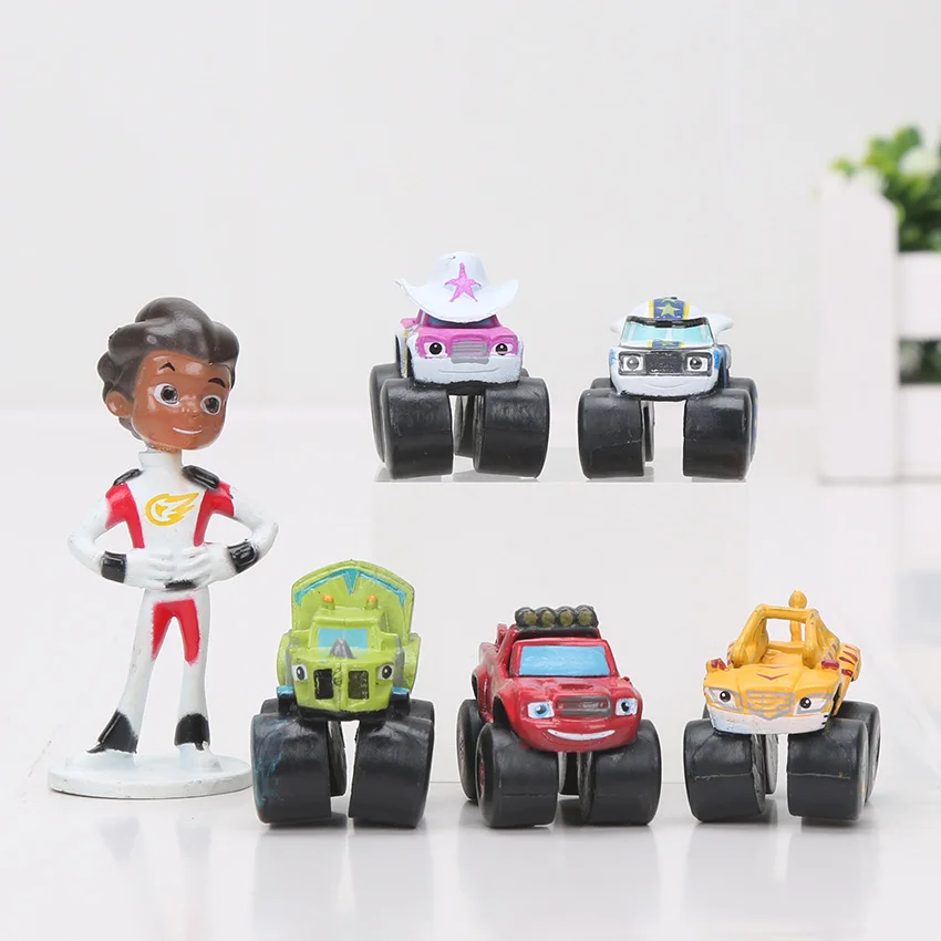 12pcs/set Blaze Flame Machines Trucks Model Miniature Action Figures Cartoon Car Toys Cake Micro Kids Toy Party Decor Gift