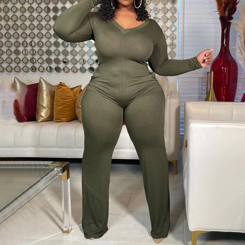 Familie Casual Plus Size Vrouwen Jumpsuit Sexy V Kraag Lange Mouwen Terug Rits Pocket Hoge Taille Effen Kleur Kleding Groothandel